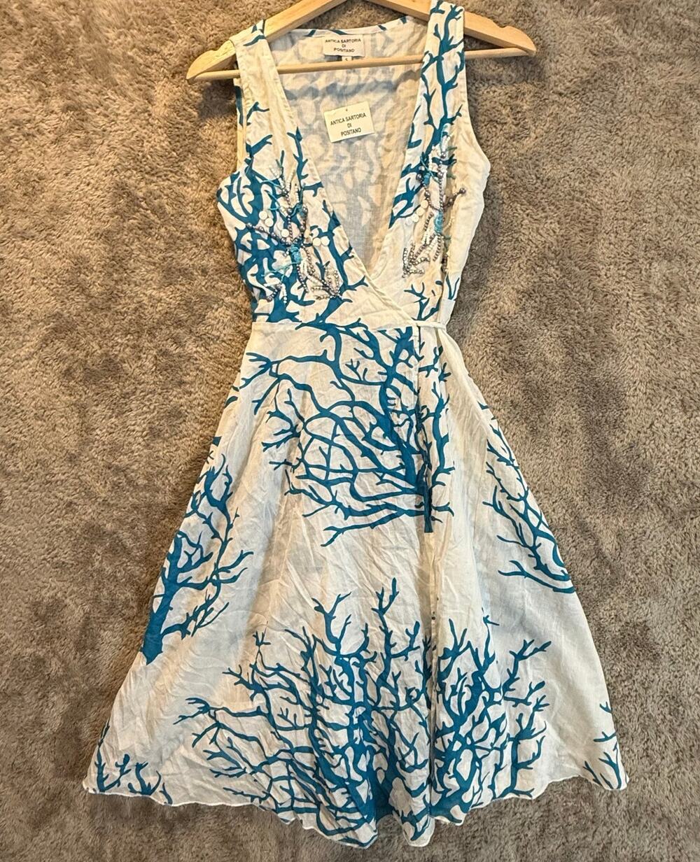Antica Sartoria Positano Beaded Wrap Dress Beach Coverup White Blue Coral S